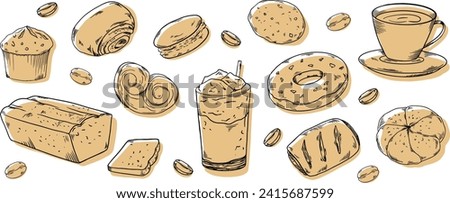 Bakery hadpainted illustrations set banner black and white beige coffee, buns, beans cake, donut, maffin, cookie, cappuccino, latte
