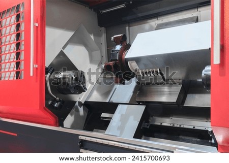 Manufacturing CNC professional lathe machine, Industrial concept.  
