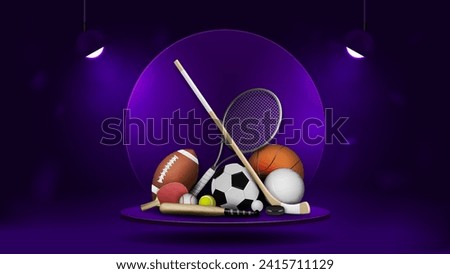 A web banner on sports betting with balls for football, basketball, tennis, pinpong, a stick with a puck and a racket.