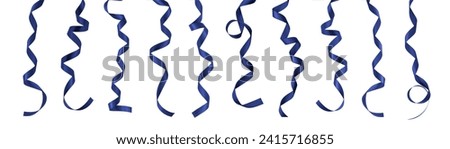 Dark blue ribbon navy satin confetti bow color scroll set isolated on white background with clipping path for greeting card design decoration element Royalty-Free Stock Photo #2415716855