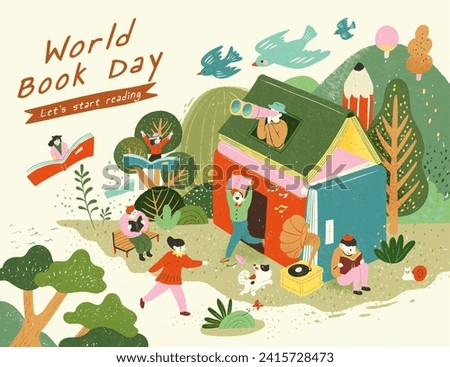 World book day poster with adorable people wandering around house made of book in the forest.