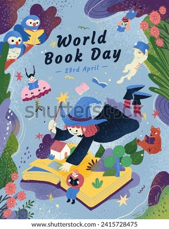 World book day little witch floating on top of book in the forest with fairy tale characters around.
