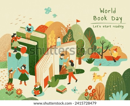 World book day illustration with cute miniature people and books on serene forest background.