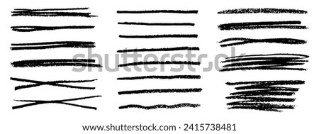 Charcoal strokes. Rough charcoal strokes. Set of black hand drawn brush lines different forms on white background. Vector horizontal chalk lines drawn by hand. Collection of vector grunge brushes. Royalty-Free Stock Photo #2415738481