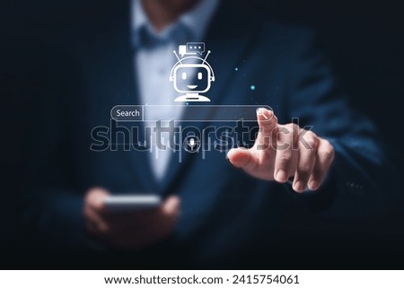 Ai search tech concept, businessman use mobile smartphone with AI search engine bar for data search optimization by artificial intelligence technology.