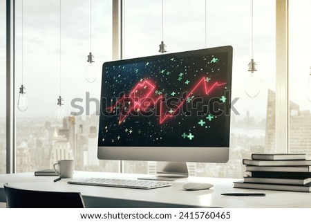 Creative abstract heart pulse hologram on modern computer monitor, online medical consulting concept. 3D Rendering