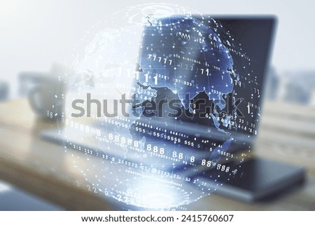 Multi exposure of abstract graphic coding sketch with world map and modern desktop with pc on background, big data and networking concept