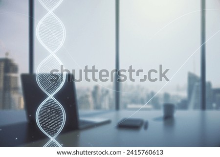Creative light DNA illustration and modern desktop with pc on background, science and biology concept. Multiexposure