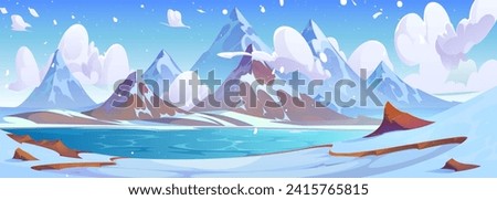 Winter snowy landscape with frozen lake near rocky mountains foot under blue sky with clouds. Cartoon vector panoramic peaceful cold scenery with pond and shore covered with snow near high hills. Royalty-Free Stock Photo #2415765815
