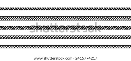 Set of repeating ropes. Seamless hemp cord line collection. Black outline chain, braid, plait stripe bundle. Horizontal decorative plait pattern. Vector twine design elements for banner, poster, frame Royalty-Free Stock Photo #2415774217