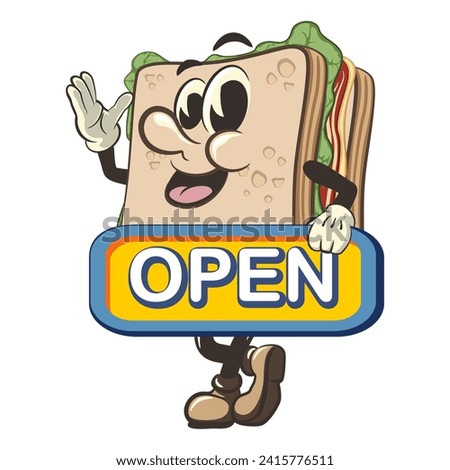 vector illustration of cute sandwich character mascot carrying a sign that says open, work of handmade