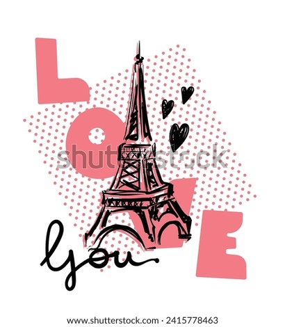 Love print with Eiffel tower illustration on dots background. Paris T shirt design. 14 February card