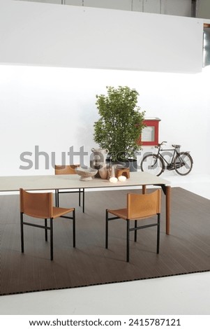 stylish apartment interior and accessories. minimalist dining room design. studio shoot photography.