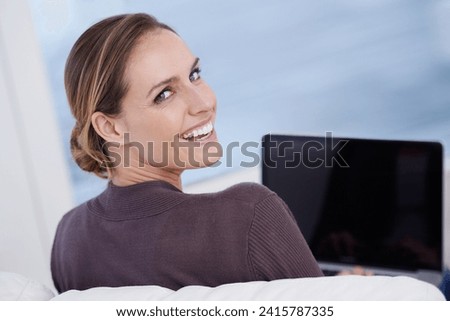 Woman, portrait and laptop for remote work from home with back, smile and typing for online blog. Journalist, writer or content creator with freelance service, editor or copywriting with computer
