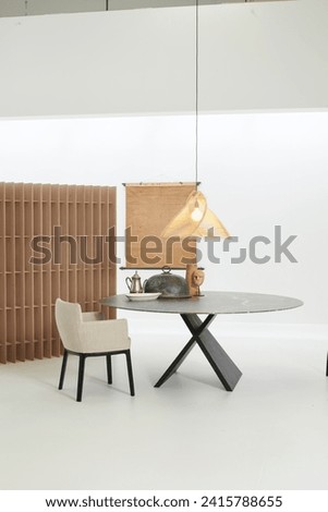 stylish apartment interior and accessories. minimalist dining room design. studio shoot photography.