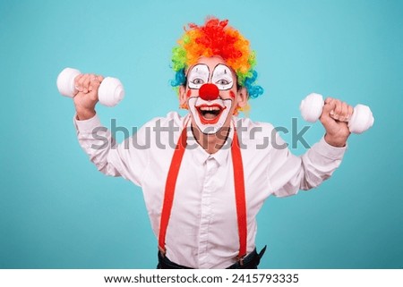 Funny clown and different situations. A happy guy goes in for sports. Blue background.