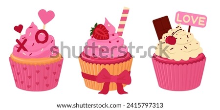 Set of tasty cupcakes for Valentine's Day on white background