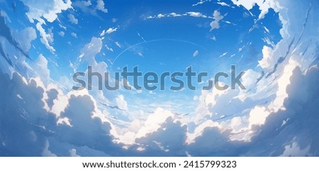 Illustration blue sky with clouds. Anime style background with shining sun and white fluffy clouds. Spring season outdoor.
