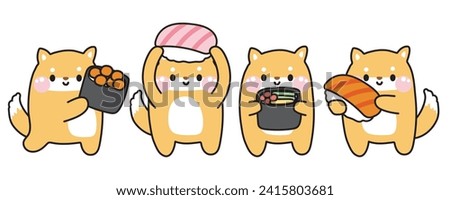 Set of cute shiba inu dog with social in various poses on white background.Japanese pet animal character cartoon design collection.Isolated.Asian food.Kawaii.Vector.Illustration.