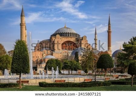 Iconic Hagia Sophia Grand Mosque in a former Byzantine church, major cultural and historic site, one of the world s great monuments, Istanbul, Turkey Royalty-Free Stock Photo #2415807121