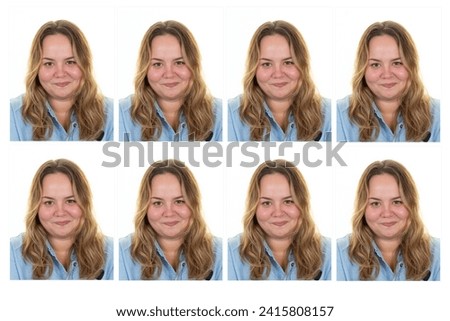 Identification photo of blonde young girl for id card driver license Collage of 8 pictures