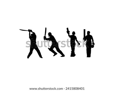 The set of cricket player silhouette. Large collection of silhouettes of cricket players. Vector set of cricket player silhouettes, Batsmen, Bowlers, and Cricket Elements.