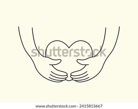 Human hands hold a heart. Simple minimalistic illustration in line art style. Black and white drawing of a heart in hands. Clip art, linear design element. Vector illustration.