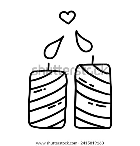 Two candles in love leaned their flames towards each other. Valentines day concept. Black and white vector isolated illustration hand drawn doodle clip art. February 14th, declaration of feelings