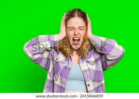Dont want to hear, listen, quiet. Frustrated annoyed irritated woman covering ears gesturing no, avoiding advice ignoring unpleasant noise loud voices. Redhead girl isolated on chroma key background