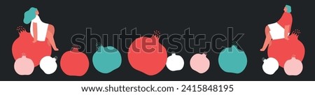 Tiny people and fruits cartoon vector illustration. Man, woman and berries, summer harvest. Healthy eating, cooking vegetarian food and dieting concept. Summer time.
