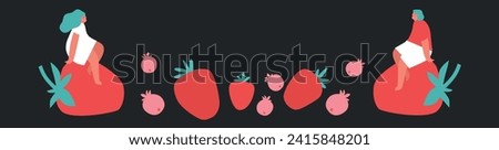 Tiny people and fruits cartoon vector illustration. Man, woman and berries, summer harvest. Healthy eating, cooking vegetarian food and dieting concept. Summer time.