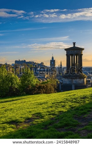 Sunset at Calton Hill in city of Edinburgh in Scotland, UK. Royalty-Free Stock Photo #2415848987