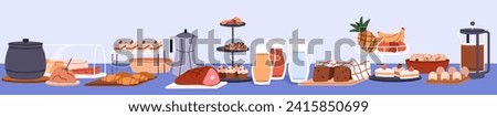 Smorgasbord, buffet-style serving. Food, drinks and desserts for breakfast on table. Hotel lunch with snacks, bakery, fruits, eggs, meat, bread, juice, tea and coffee. Flat vector illustration Royalty-Free Stock Photo #2415850699
