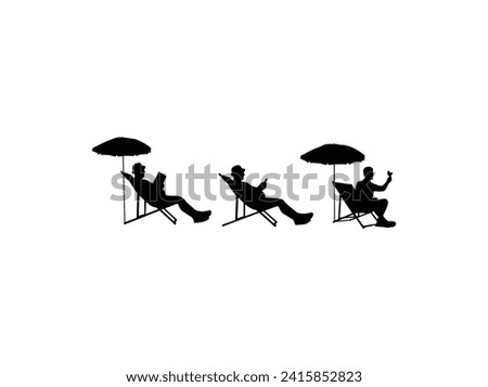 Retired old man on vacation sitting in a beach chair, vector silhouette illustration. Elderly man reading a book. The old man sitting on deck chairs at the beach, palm trees, tourist, relax.
