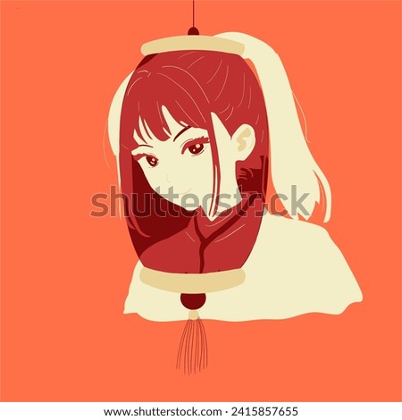 Vector hand drawn silhouette of a girl with a Chinese New Year lantern