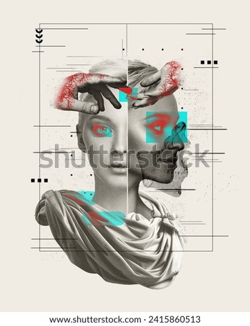 Graphic for an educational course on the anatomy of the brain and visual processing. Artistic rendering of a sculpted face with neural networks and vibrant cyan highlights. Psychology, surrealism art Royalty-Free Stock Photo #2415860513