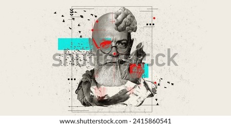 Cover design for a journal on cognitive psychology and brain health in seniors. Portrait of serious elderly man and brain elements. Scientist. Psychology, surrealism art concept