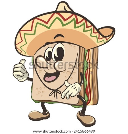 vector illustration of cute sandwich character mascot wearing sombrero with thumb up, work of handmade