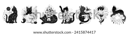 Magic black cats silhouettes. Outline tattoo art, Halloween poster kitties with celestial design. Groovy mystic concept of witches, esoteric. Vector sketch illustration, cute black cat. Vintage kitten