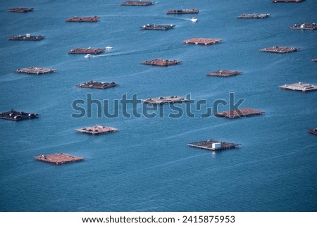Aerial view of the mussels aquaculture rafts in Galicia - Spain Royalty-Free Stock Photo #2415875953