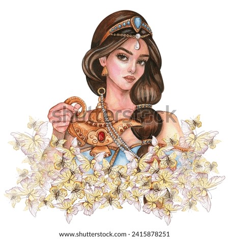 Composition with girl with long dark hair with gold tiara on her head with flowers. Hand drawn watercolor illustration based on fairy tale. Can be used for poster, t-shirt printing, post card.