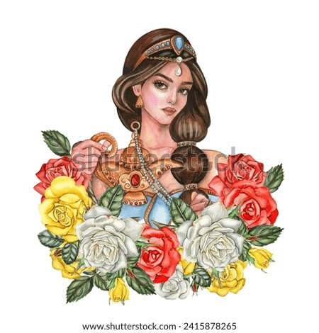 Composition with girl with long dark hair with gold tiara on her head with flowers. Hand drawn watercolor illustration based on fairy tale. Can be used for poster, t-shirt printing, post card.