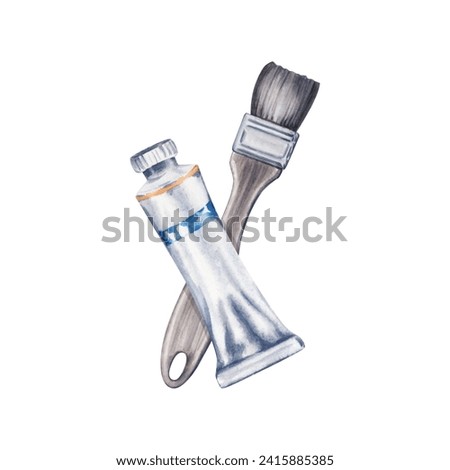 Paint Tube with Artistic Flat Painting Brush Composition. Watercolor illustration isolated on white background. Clip art design elements for art classes, flyers, ads, art studios, logos.