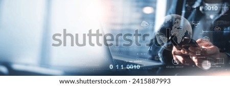 Data science, business intelligence. Business man using computer devices with internet global network technology and big data, cloud computing, AI software development, digital technology