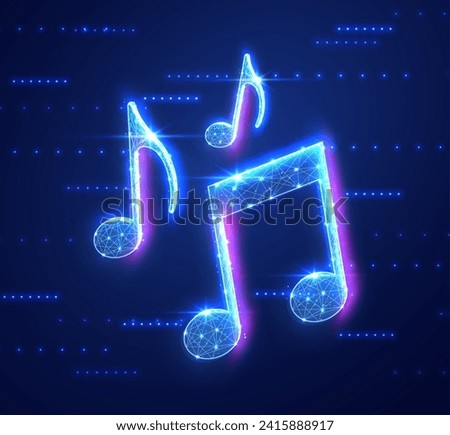 A digital vector notes icon on blue representing music, a song, melody, or tune, designed for use in musical applications and websites. Neon style