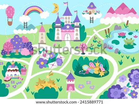 Unicorn village map. Fairytale background. Vector magic country scenes infographic elements with castle, rainbow, forest, pond, road. Fantasy world plan with fallen stars, treasures, sweets
