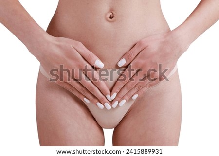 Cropped shot of woman touching her stomach due to the abdominal pain. Unrecognizable female experiencing stomachache. Close up, copy space, background.