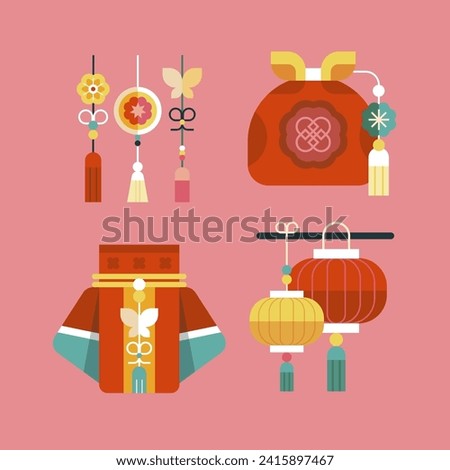 Elements Set Korean Seollal Holiday Isolated On White Background. Vector Illustration In Flat Style