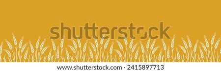 Seamless food pattern with wheat, oat, barley, rye, wheat ears stalks, field on yellow background and place for text Royalty-Free Stock Photo #2415897713