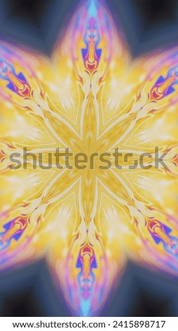 Lotus mandala. Ink kaleidoscope. Meditation energy. Defocused neon glowing paint water floral ornament motion abstract art background.